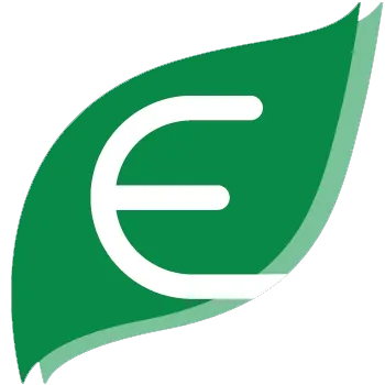 Grünes Blatt mit weißem "E", stilisiertes Logo, lebendige Farben.