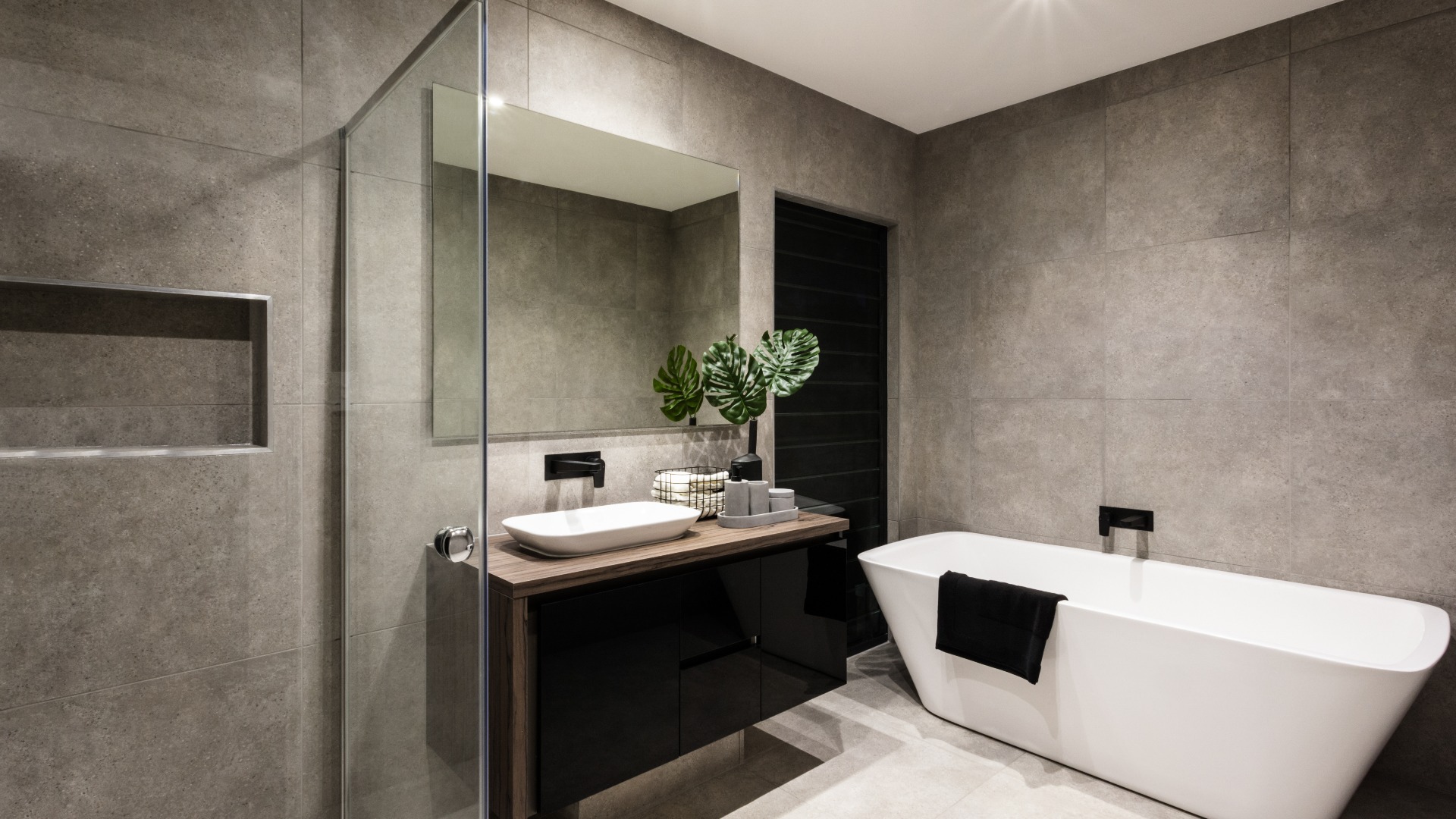 Modern bathroom with a shower area and bathtub