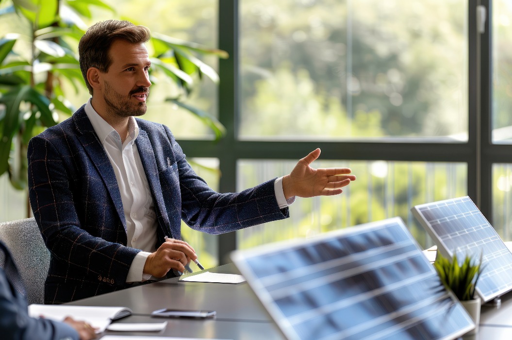 Businessman providing a consultation on solar panels for a team of coworkers or customers during a meeting in the office. Discussing renewable energy and benefits of solar technology