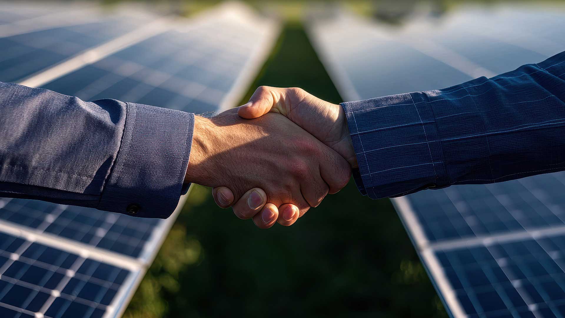 Zwei Personen schütteln Händedruck vor Solarzellen in der freien Natur.
