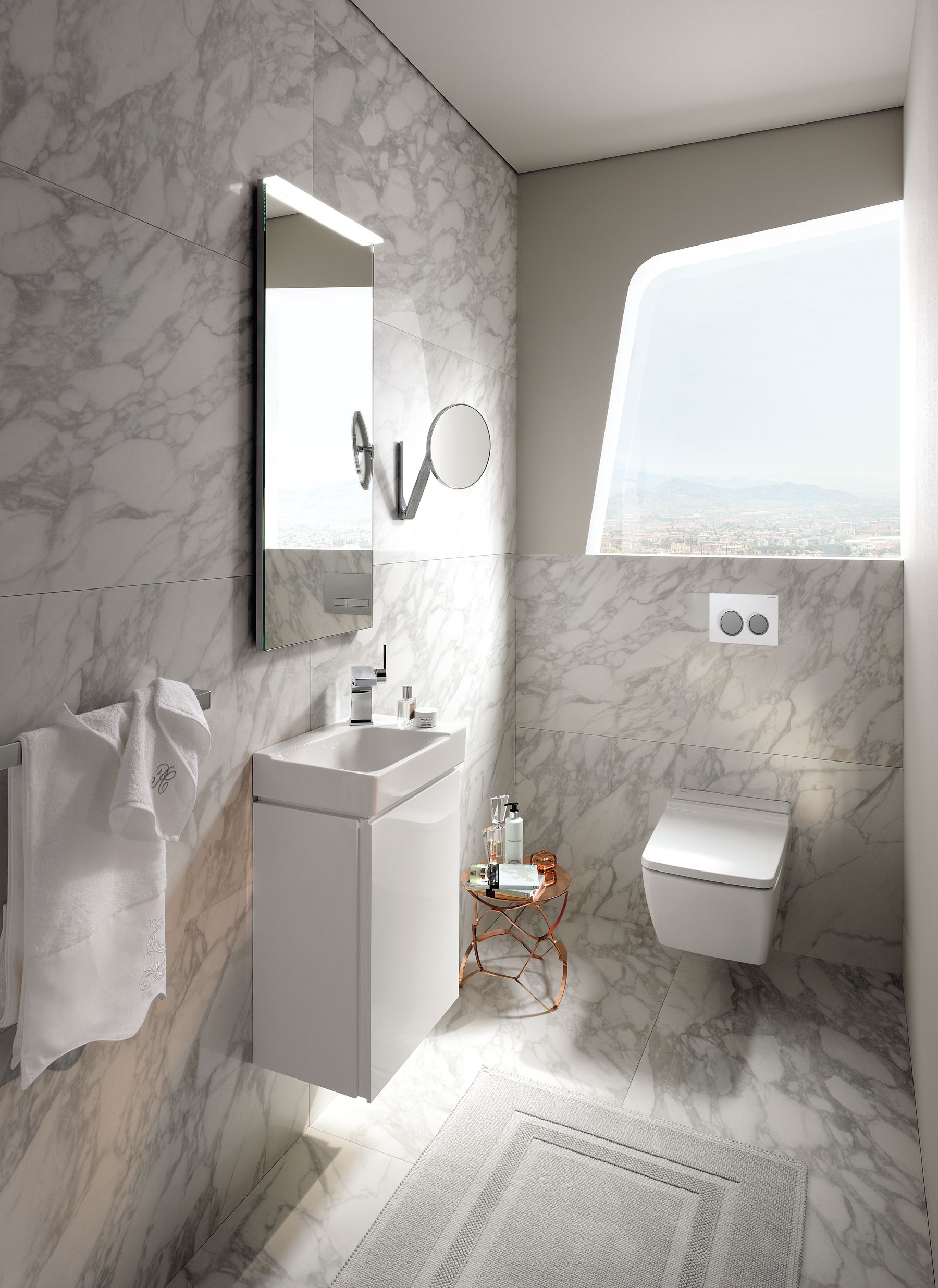 Ein modernes Badezimmer mit Marmormustern, einem Waschbecken und einem Fenster.