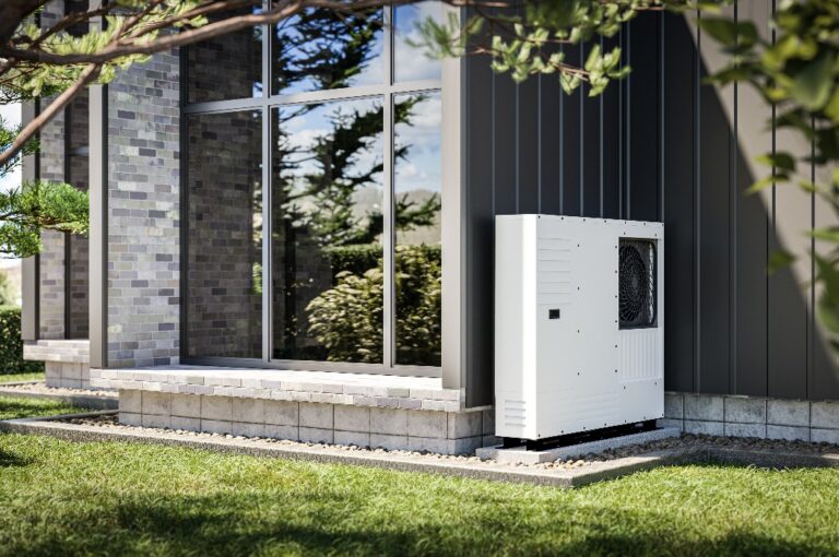 An der Wand eines Einfamilienhauses installierte Wärmepumpe 3d-Rendering mit erneuerbaren Energiequellen.