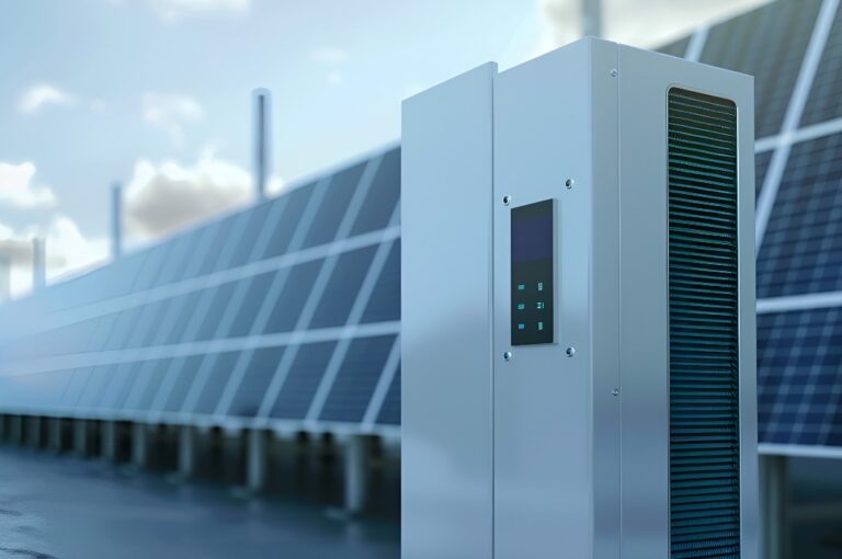 Stromerzeugung mit Photovoltaikmodulen und einem modernen Batteriespeicher.